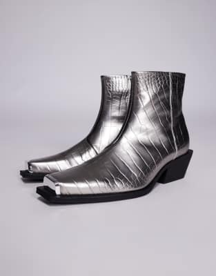 Asos Design Cuban Heel Chelsea Boots In Silver