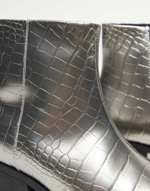 ASOS DESIGN cuban heel chelsea boots in silver faux croc