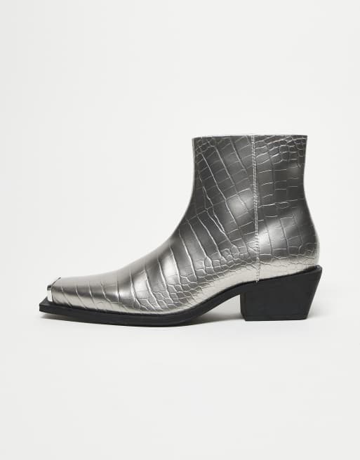 ASOS DESIGN cuban heel chelsea boots in silver faux croc