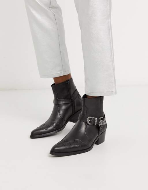 Asos design cuban heel western chelsea on sale boots in black leather with buckle detail