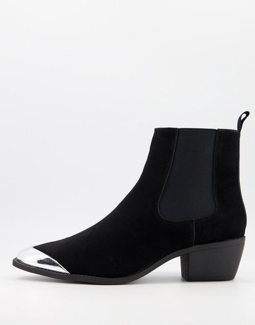 ASOS DESIGN cuban heel western boots in black faux suede with toe cap