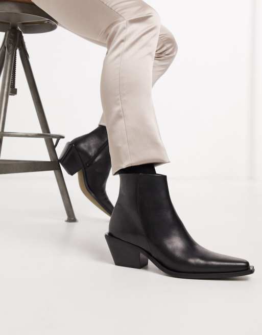 ASOS DESIGN cuban heel western chelsea boot in black leather with angular sole | ASOS
