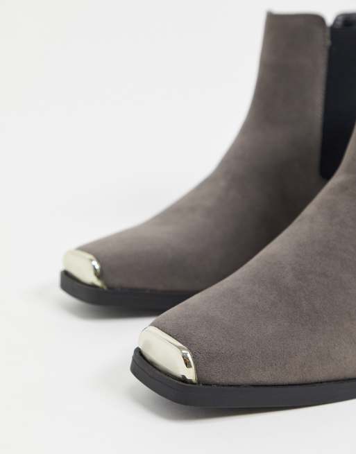 ASOS DESIGN cuban heel western chelsea boot in grey faux suede with square toe with metal cap