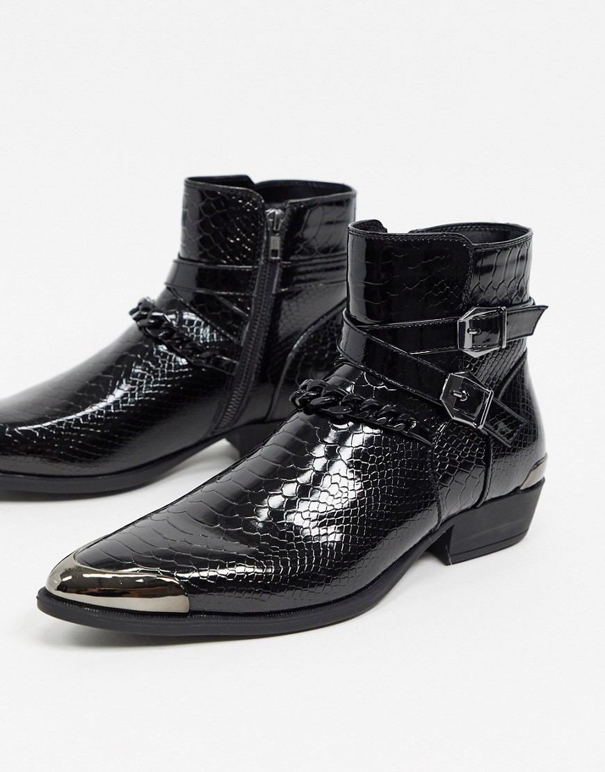 ASOS DESIGN cuban heel western chelsea boots in black croc faux leather with strap and chain detail