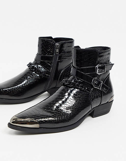 ASOS DESIGN Cuban heel Western chelsea boots in black croc faux leather ...