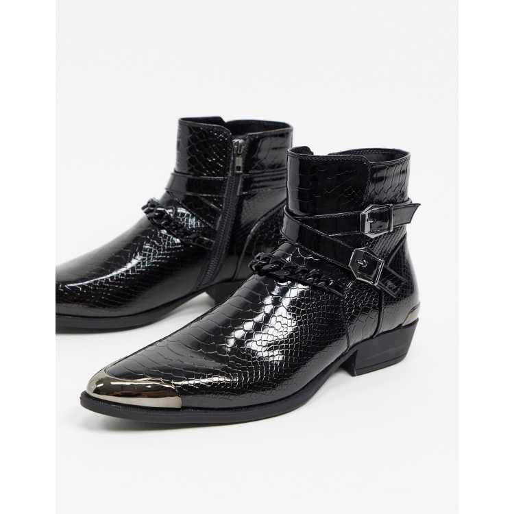 Asos design cuban heel western chelsea boots in black leather with buckle detail sale