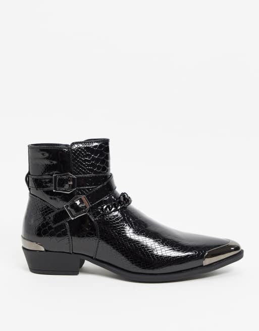 Asos design cuban heel western chelsea hotsell boots in black leather with buckle detail