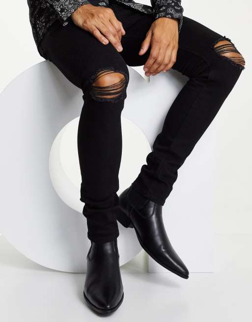 ASOS DESIGN cuban heel western chelsea boots in black faux leather - BLACK, 4 of 4