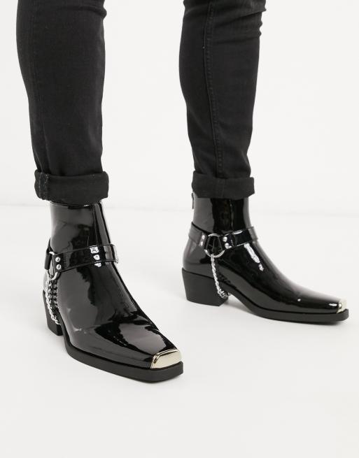 Asos design cuban heel western chelsea boots in black leather with buckle store detail