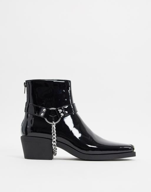 Asos design cuban heel western chelsea 2024 boots in black leather with buckle detail