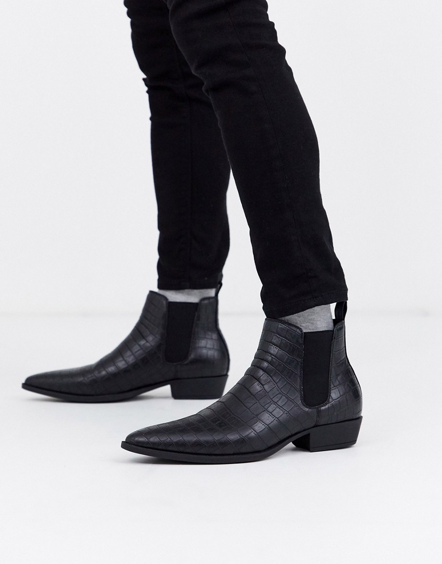 ASOS DESIGN cuban heel western chelsea boots in black faux leather with croc effect