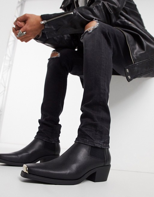 ASOS DESIGN cuban heel western chelsea boots in black faux leather with metal hardware