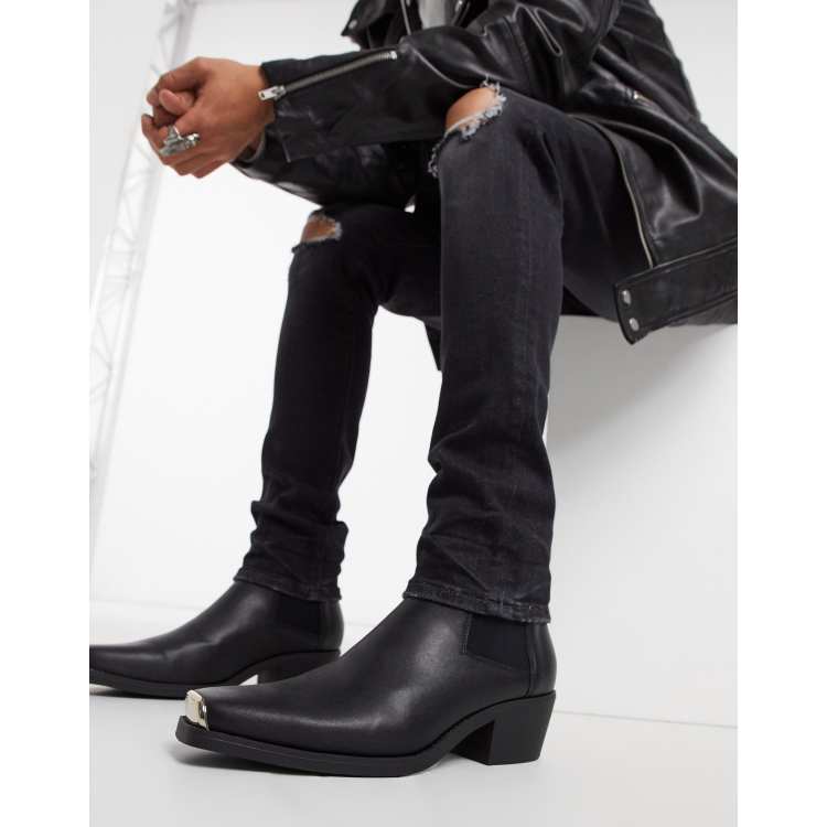 Asos design cuban heel western chelsea boots in outlet black leather with buckle detail