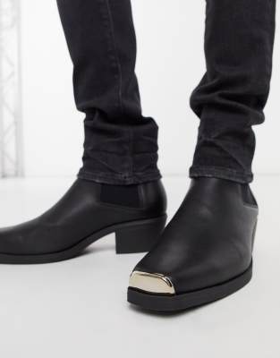 asos design cuban heel western chelsea boots in black leather with buckle detail
