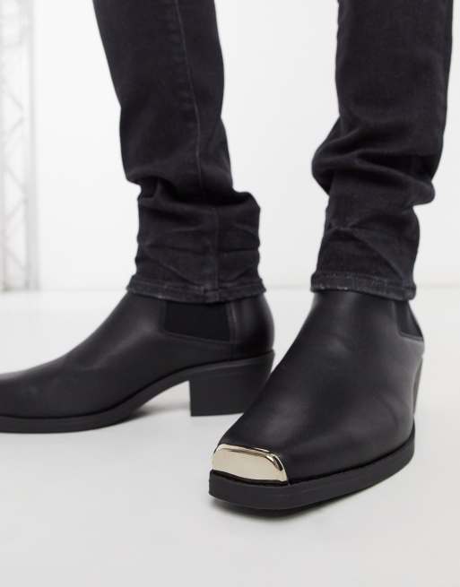 ASOS DESIGN cuban heel western chelsea boots in black faux leather with  metal hardware