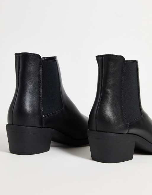 ASOS DESIGN cuban heel western chelsea boots in black faux leather with  metal hardware