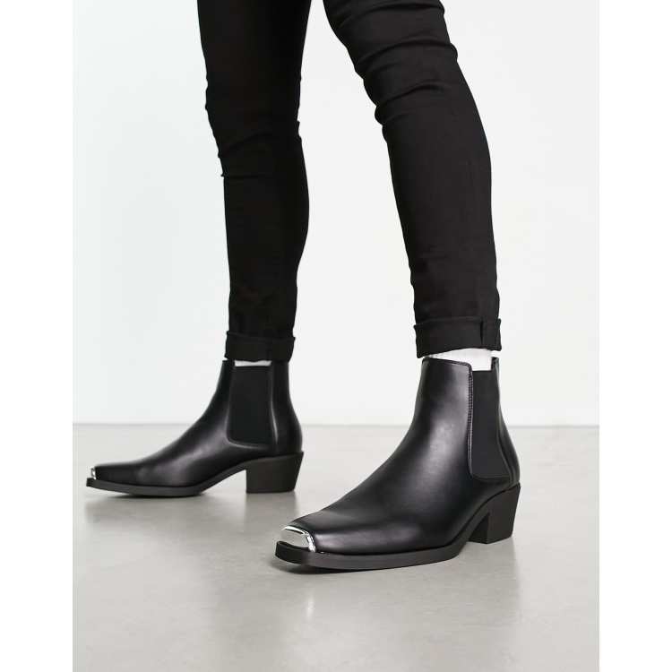 Asos design cuban heel western chelsea hot sale boots in black leather with buckle detail