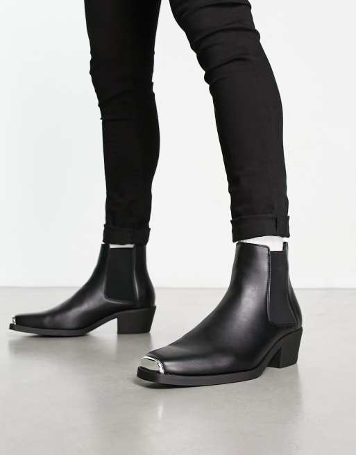 ASOS DESIGN cuban heel western chelsea boots in black faux leather with  metal hardware