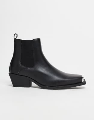 ASOS DESIGN cuban heel western chelsea boots in black faux leather with metal hardware