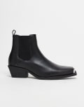 [ASOS DESIGN] ASOS DESIGN cuban heel western chelsea boots in black faux leather with silver toe cap 48 BLACK