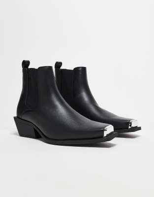 Asos Design Stacked Heel Western Chelsea Boots In Black Faux Leather With Metal Hardware In Black