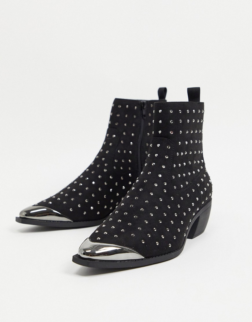 ASOS DESIGN cuban heel western chelsea boots in black faux suede and studs with angular sole and metal toe cap