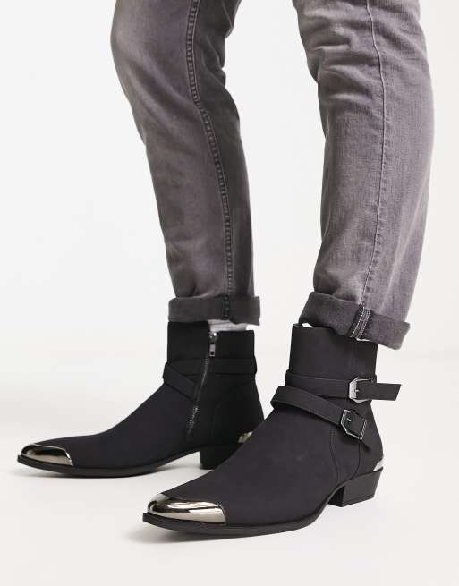 ASOS DESIGN cuban heeled chelsea boots in black with silver rub