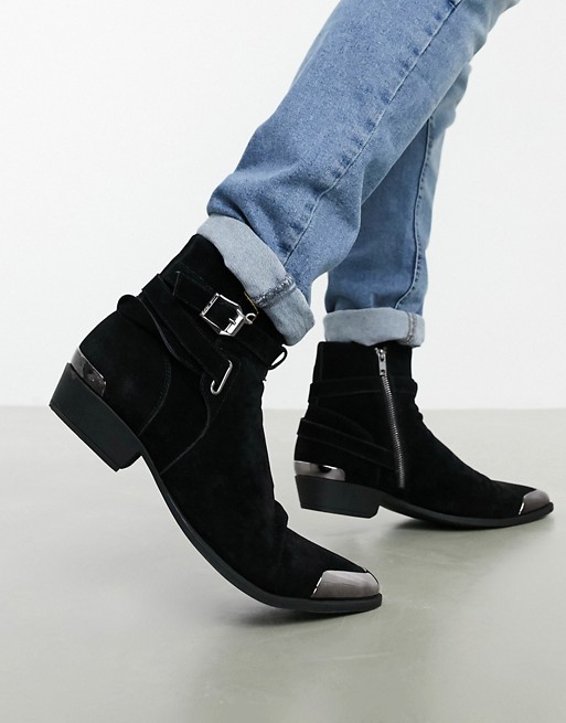 ASOS DESIGN cuban heel western chelsea boots in black faux suede with buckle detail