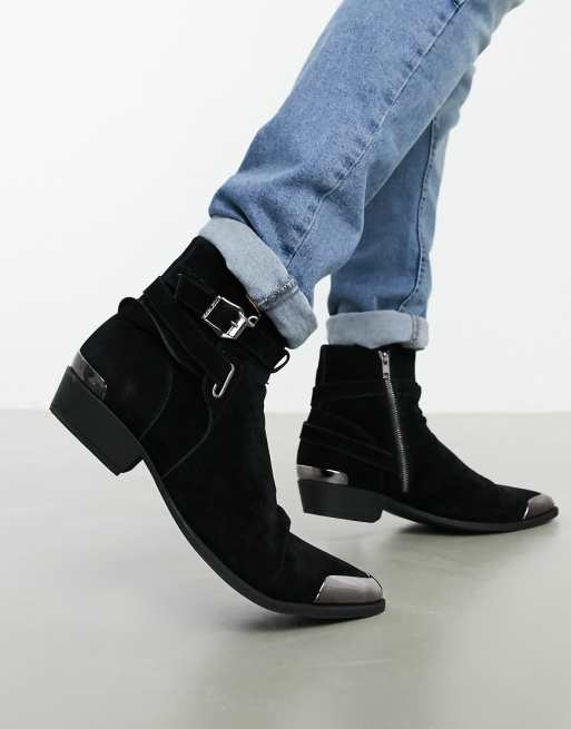 ASOS DESIGN cuban heel western chelsea boots in black faux suede with buckle detail | ASOS