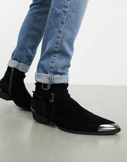 ASOS DESIGN cuban heeled chelsea boots in black with silver rub off