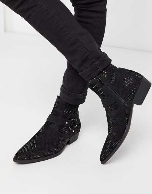 Asos design cuban heel western chelsea hot sale boots in black leather with buckle detail