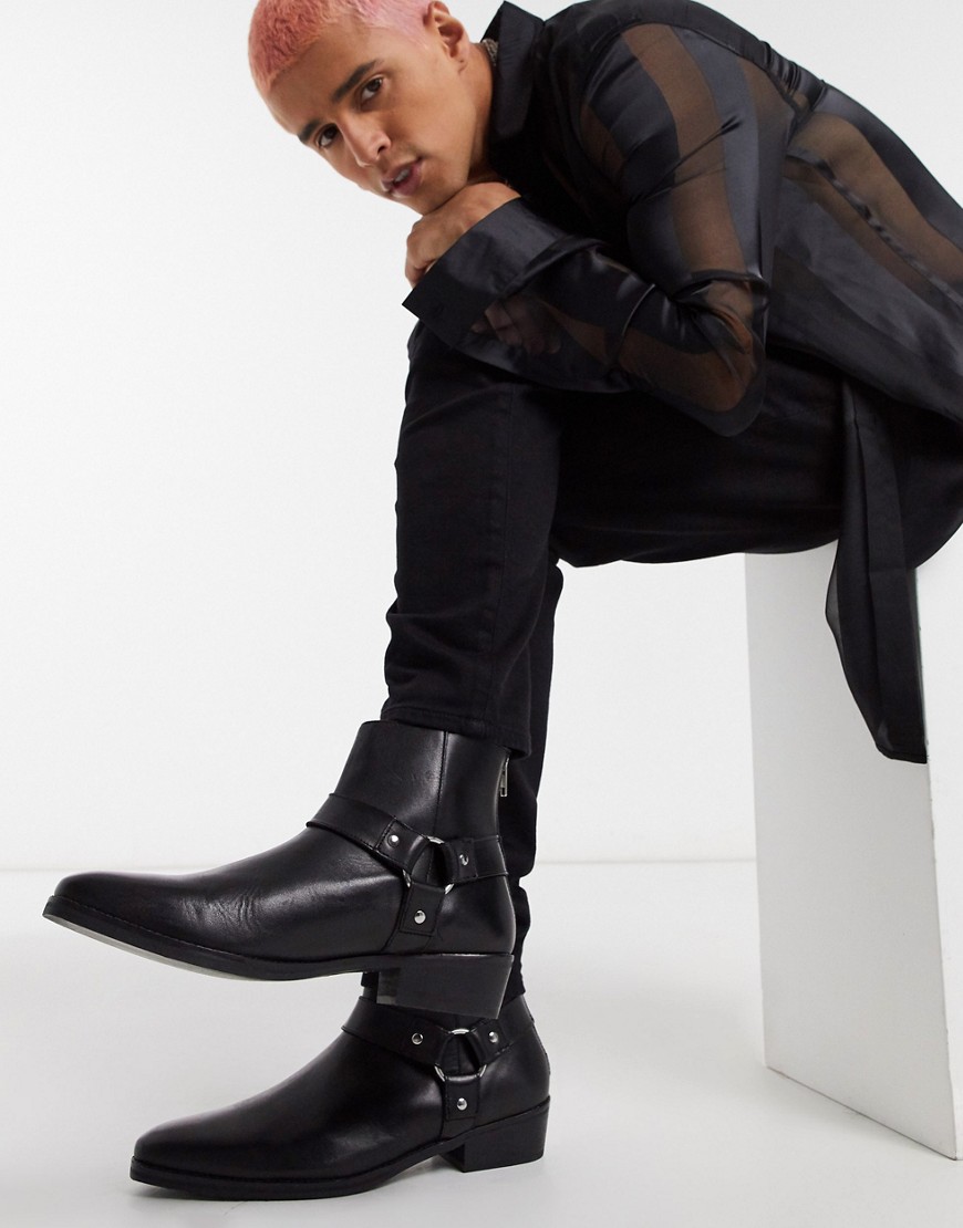 ASOS DESIGN cuban heel western chelsea boots in black leather with buckle detail
