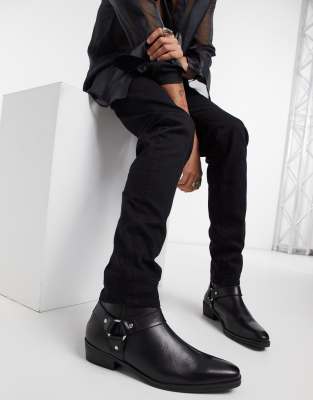 asos design cuban heel western chelsea boots in black leather with buckle detail