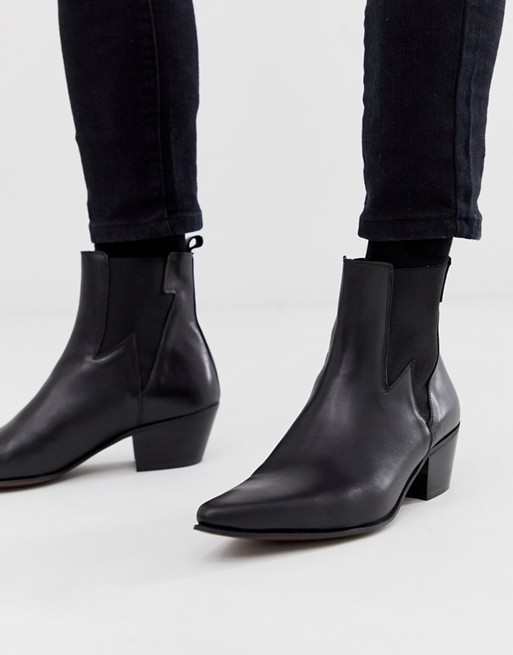 ASOS DESIGN cuban heel western chelsea boots in black leather with ...