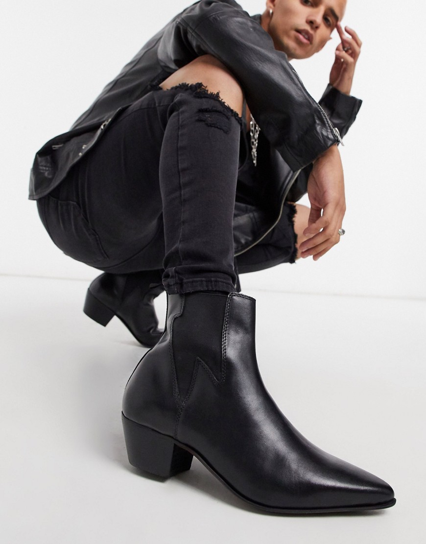 ASOS DESIGN cuban heel western chelsea boots in black leather with lightning detail
