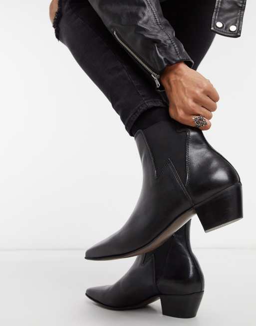 ASOS DESIGN cuban heel western chelsea boots in black leather with lightning detail