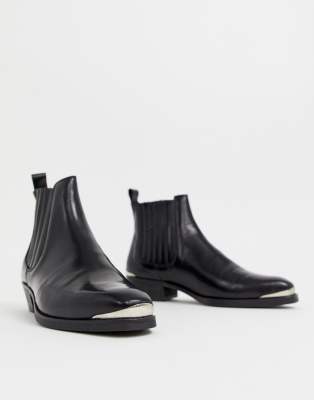 asos design cuban heel western chelsea boots in black leather with buckle detail