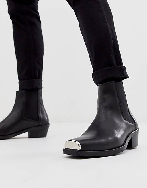 ASOS DESIGN cuban heel western chelsea boots in black leather with metal hardware