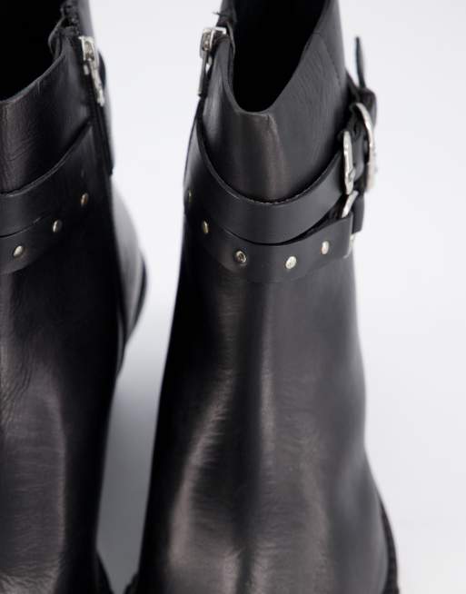 ASOS DESIGN cuban heel western chelsea boots in black leather with strap  detail