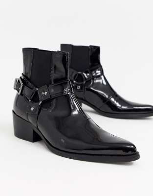 asos design cuban heel western chelsea boots in black leather with buckle detail