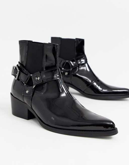 Asos design cuban heel western chelsea boots in black leather with buckle store detail