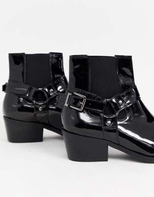 asos design cuban heel western chelsea boots in black leather with buckle detail