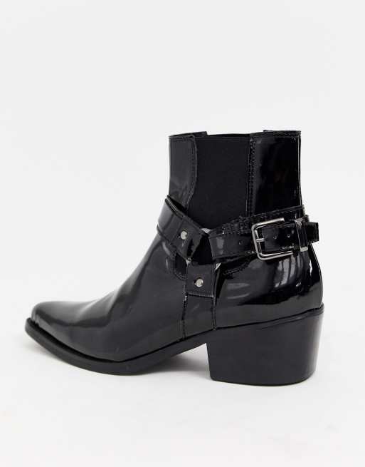 Asos design cuban heel western chelsea boots in outlet black leather with buckle detail