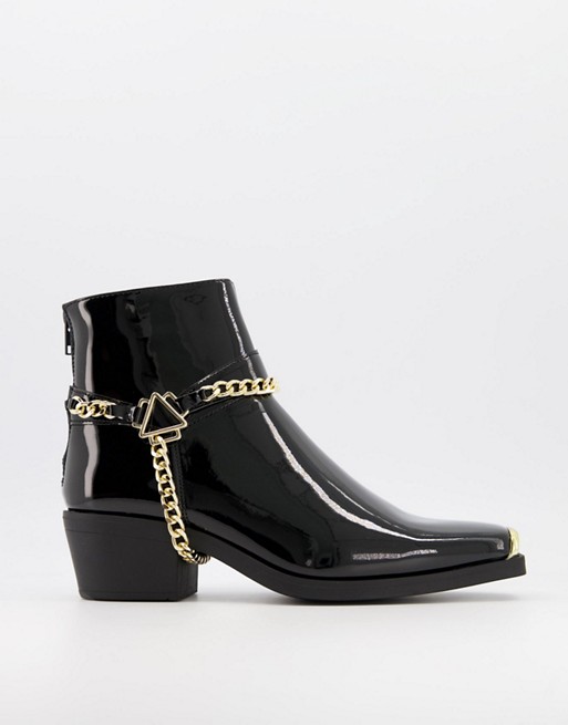 ASOS DESIGN cuban heel western chelsea boots in black patent with gold chain