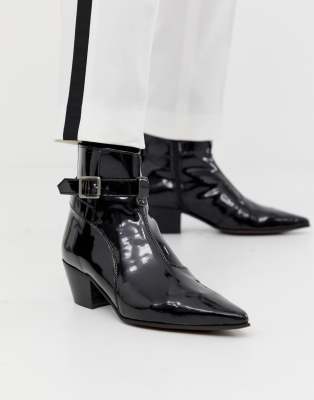 asos design cuban heel western chelsea boots in black leather with buckle detail