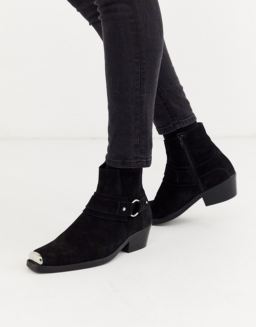 ASOS DESIGN cuban heel western chelsea boots in black suede with square toe and hardware detail