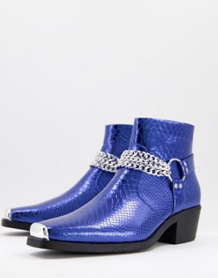 ASOS DESIGN cuban heel western chelsea boots in blue patent with silver chain