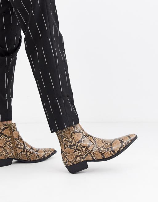 ASOS DESIGN cuban heel western chelsea boots in faux leather with snake |