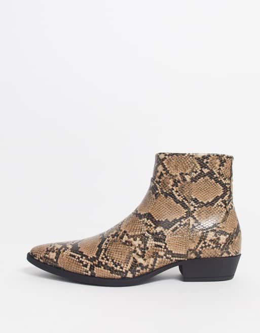 ASOS DESIGN cuban heel western chelsea boots in brown faux leather with snake effect