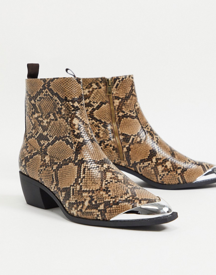 ASOS DESIGN cuban heel western chelsea boots in brown faux leather with snake print angular sole and metal toe cap